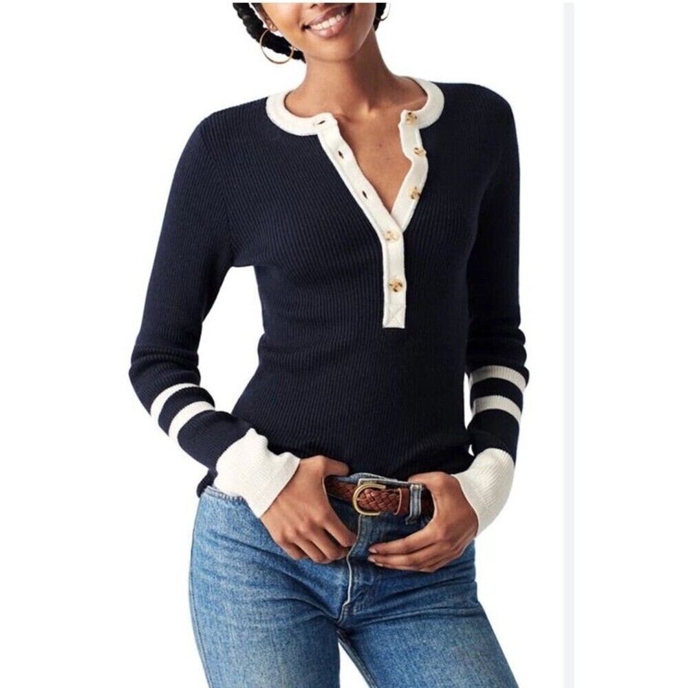 Faherty Mikki Henley Coastal Colorblock Navy Women’s L Organic Cotton Cashmere